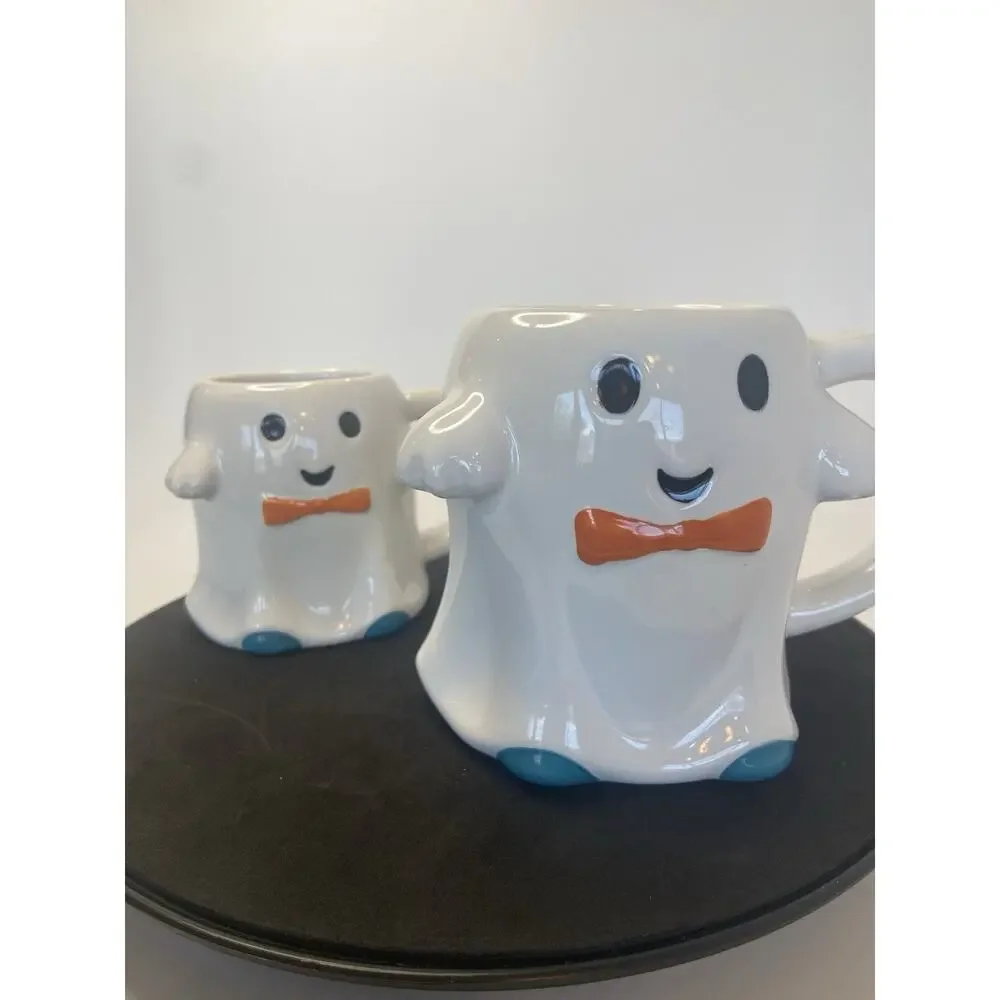 Hyde & Eek Mug Halloween Ghost Mini Ghost Mug Orange Bow tie Teal Feet